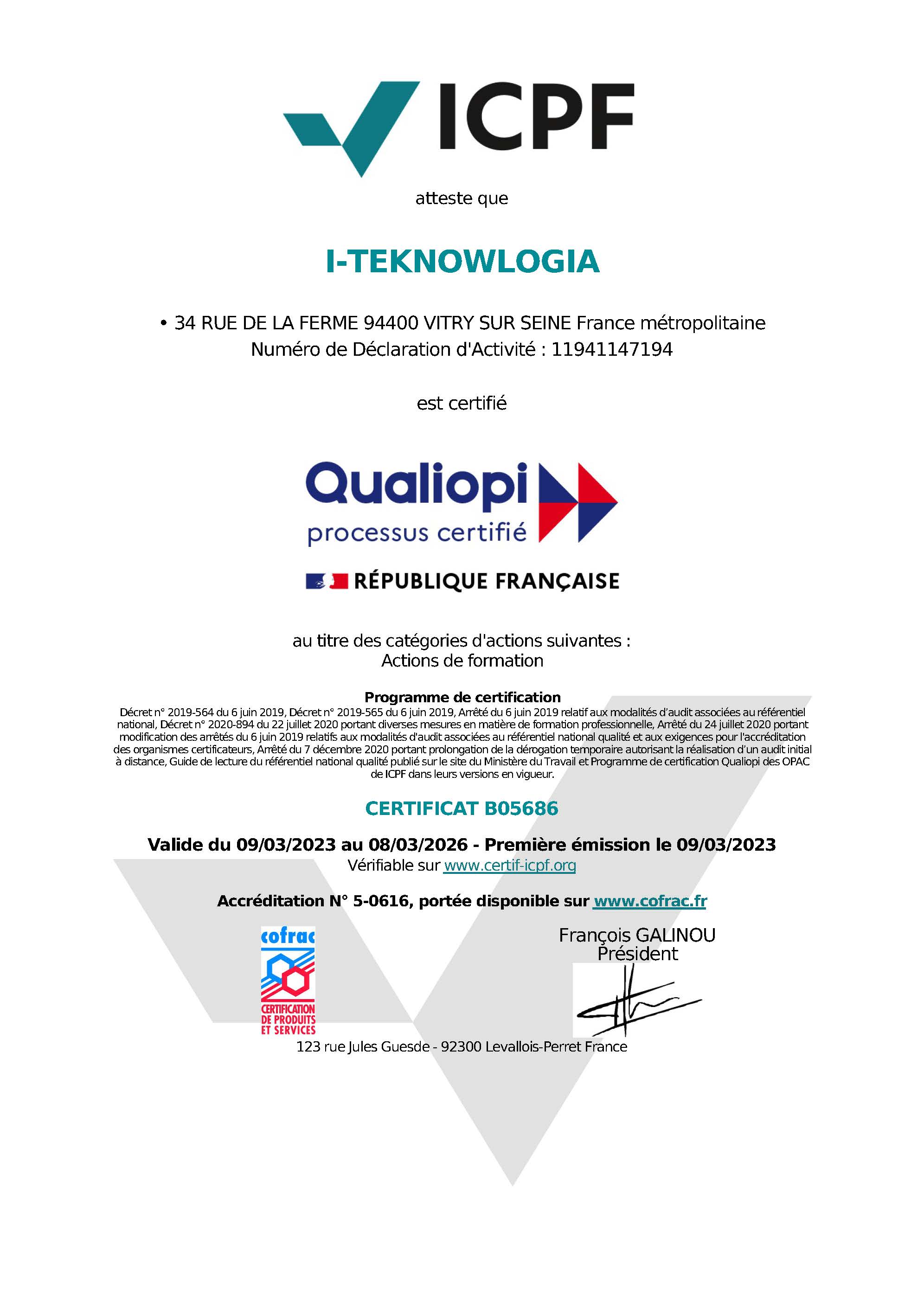 Certificat QUALIOPI